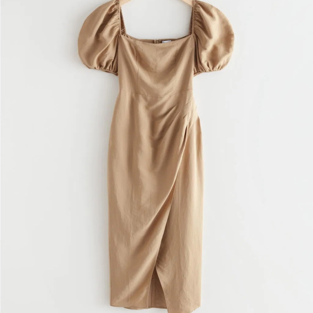 & Other Stories Tan Midi Dress with Puff Sleeves